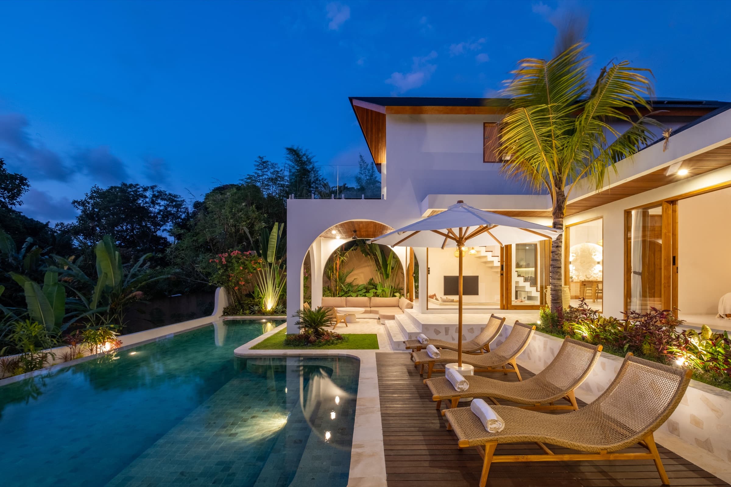 Evening view of Villa Vayu from the pool