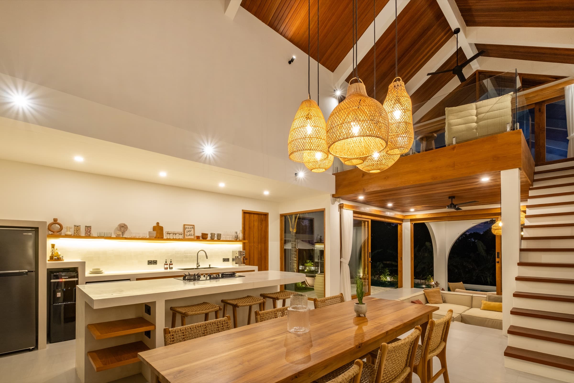 Another view of the kitchen and dining space at Villa Vayu